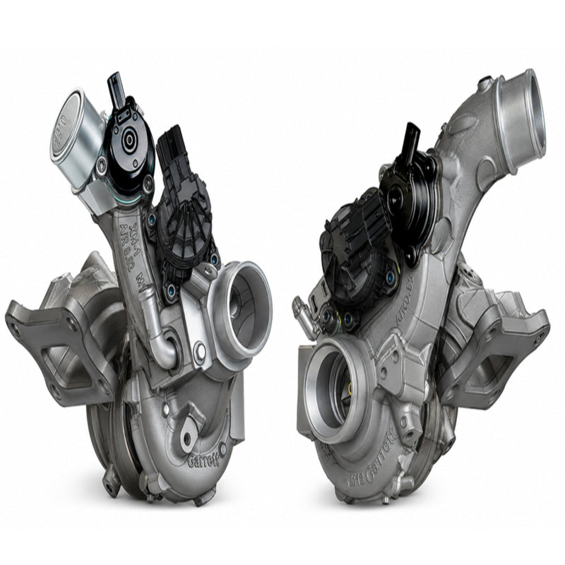 Garrett Powermax Turbocharger for Nissan 400Z 3.0L, left and right side view, high-performance automotive turbochargers