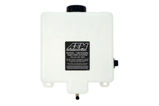 AEM V2 1.15-gallon water/methanol injection tank for water methanol components, with a clear container and fittings.
