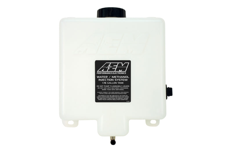 AEM V2 1.15-gallon water/methanol injection tank for automotive performance, shown with blue cap and clear plastic body.