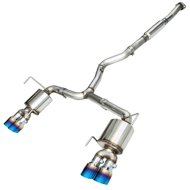 AWE Tuning 2015+ Subaru WRX Sedan Touring Edition catback exhaust with vapor blue quad tips, showing polished stainless steel muffler and tips.