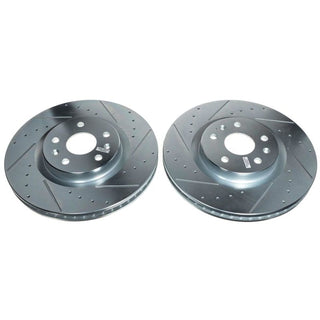 Pair of PowerStop 20-21 Chevrolet Corvette front drilled and slotted brake rotors for enhanced stopping power and cooling.