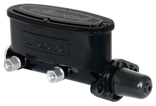 Wilwood high volume tandem brake master cylinder with 1 1/8 inch bore in black for automotive brake systems.