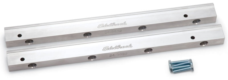 Edelbrock Ford 4.6L SOHC fuel rail for Victor Jr EFI manifold, made of metal with mounting brackets and fuel inlet ports.