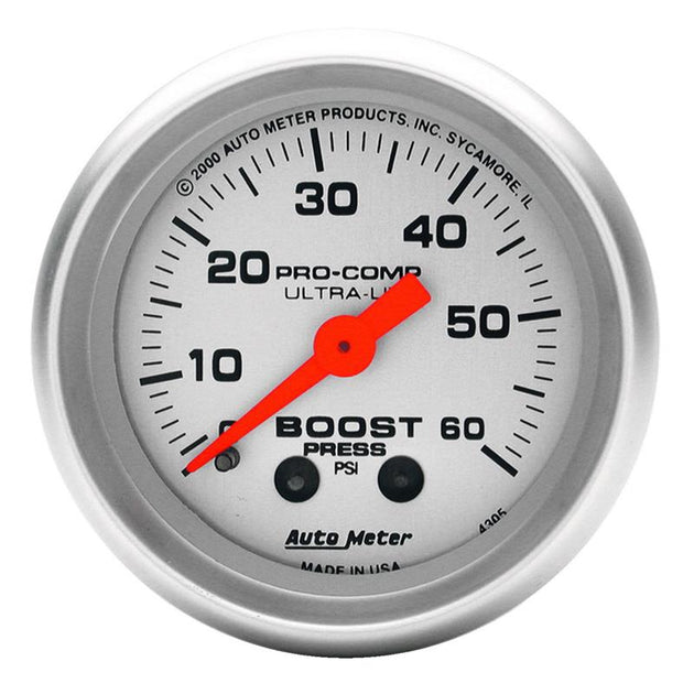 AutoMeter Ultra-Lite 52mm mechanical boost gauge with 60 PSI measurement, featuring a black face and silver bezel for automotive use.