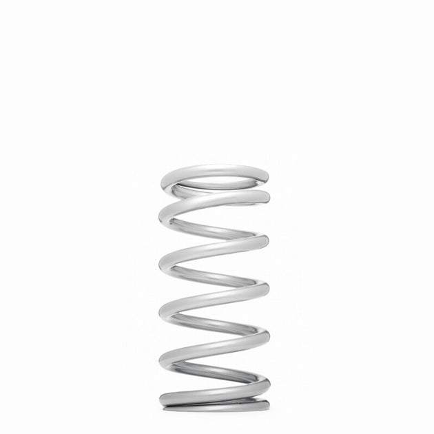 QA1 2-1/2 inch ID high travel coilover spring, 10 inches long, 750 lbs/in, silver powder coated for durability.