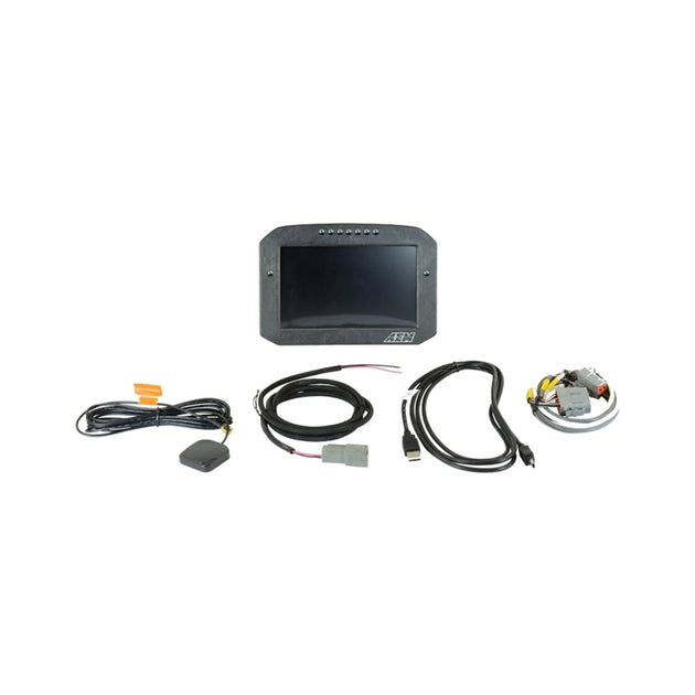 AEM CD-7G carbon flush digital dash display gauge with internal 20Hz GPS and antenna, showing digital readout and sleek design.