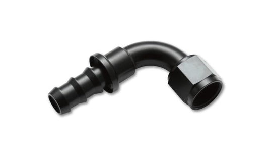 Vibrant aluminum -4AN push-on 90-degree hose end fitting showing orange anodized finish and detailed threading for automotive use
