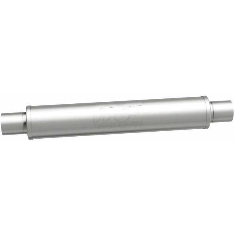 MagnaFlow Mag SS 22X4X4 2.5 C/C muffler showing stainless steel construction and inlet/outlet connections for vehicle exhaust system.