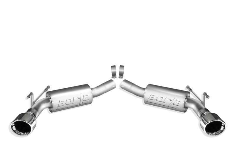 Borla catback exhaust rear section for 2010 Camaro SS 6.2L V8 with aggressive ATAK muffler, showcasing polished stainless steel pipes.