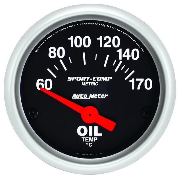 AutoMeter Sport-Comp 52mm electronic oil temperature gauge with short sweep dial and 60-170 degree range, black face and silver bezel