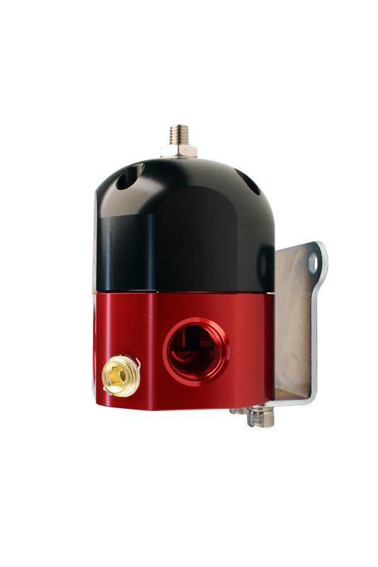 Aeromotive A1000 carbureted bypass fuel pressure regulator with two ports, compact design, and metal fittings for engine performance.