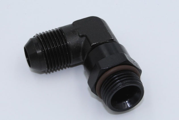 Fragola black 90-degree swivel fitting with -6AN to 9/16-18 connection, used in high-performance fluid systems.