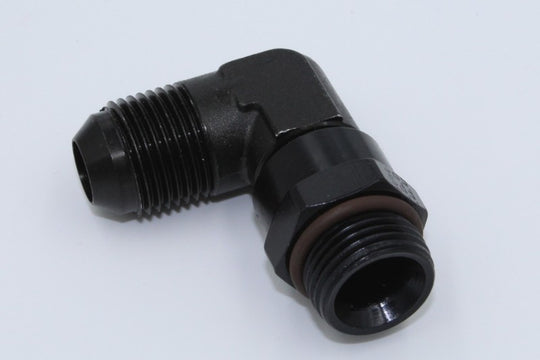 Fragola black 90-degree swivel fitting with -8AN x 7/8 - 14 threads, used in high-performance hydraulic or fuel systems.