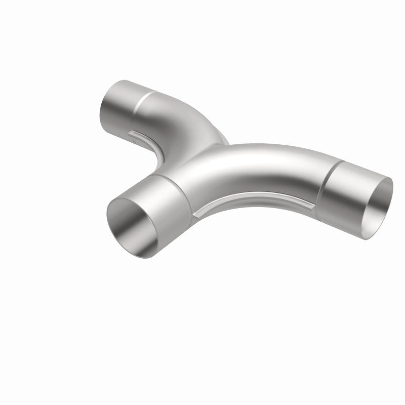 MagnaFlow 2.50-inch stainless steel smooth transition T connecting pipe with 90/90 degree bends for exhaust systems.