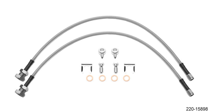 Wilwood Flexline Kit with 24-inch brake line, 7/16-20 banjo, and 5/8-26 male bulkhead fitting for D52 caliper.