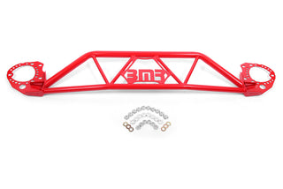 Red BMR Suspension front twin tube design strut tower brace for Ford Mustang 15-20 enhances chassis rigidity and handling.