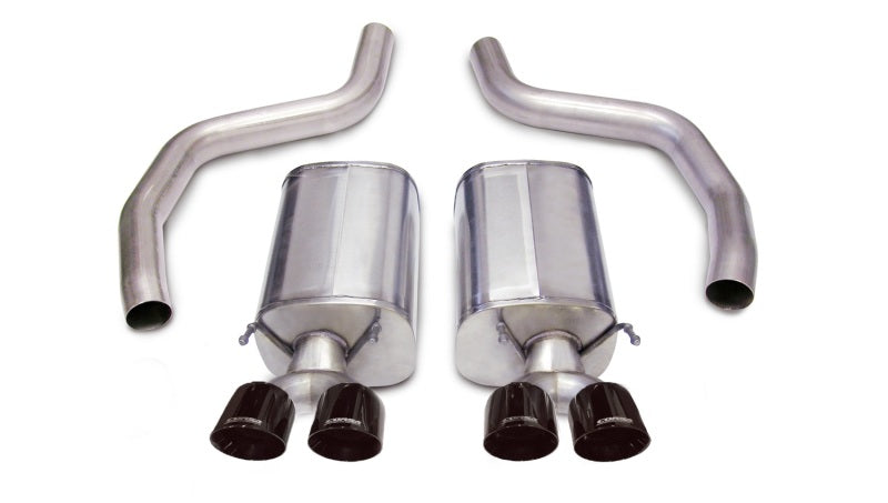 Black CORSA Performance axle-back exhaust for Chevrolet Corvette C6 Z06 2006-2013 with 7.0L V8 engine, shown from the rear view