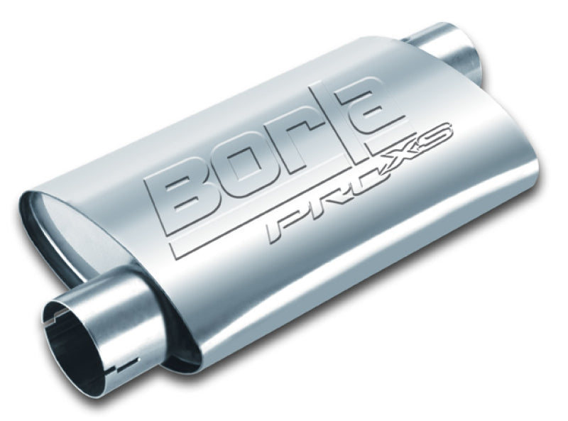 Borla Universal Pro-XS Oval muffler with 2-inch inlet and outlet, offset/notched design for automotive exhaust systems.