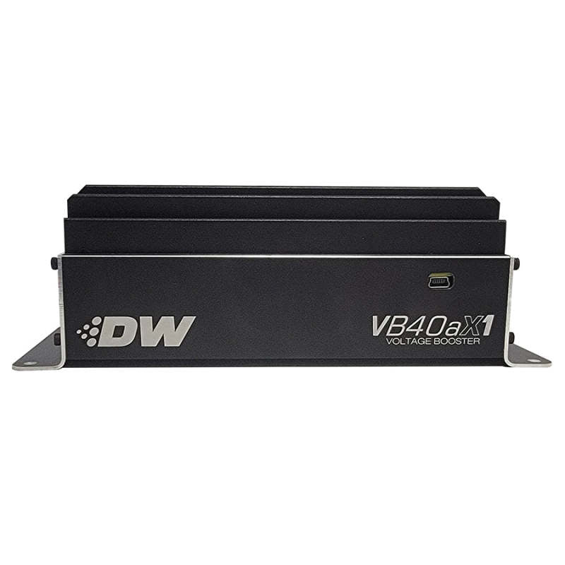 DeatschWerks VB40AX1 single fuel pump with 40 Amp voltage booster, shown in a close-up view of the metal and electrical components.