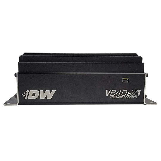DeatschWerks VB40AX1 single fuel pump with 40 Amp voltage booster, shown in a close-up view of the metal and electrical components.