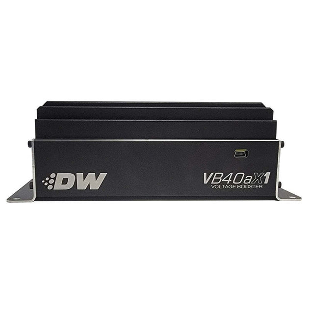 DeatschWerks VB40AX1 single fuel pump with 40 Amp voltage booster, shown in a close-up view of the metal and electrical components.