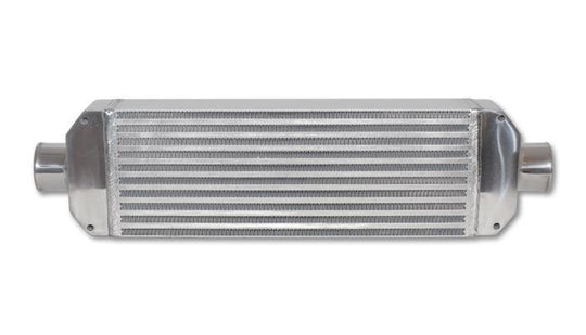 Vibrant Air-to-Air Intercooler assembly with end tanks, showing core size 18x6.5x3.25 inches, inlet and outlet ports.