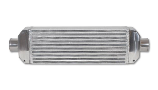 Vibrant Air-to-Air Intercooler assembly with end tanks, showing core size 18x6.5x3.25 inches, inlet and outlet ports.