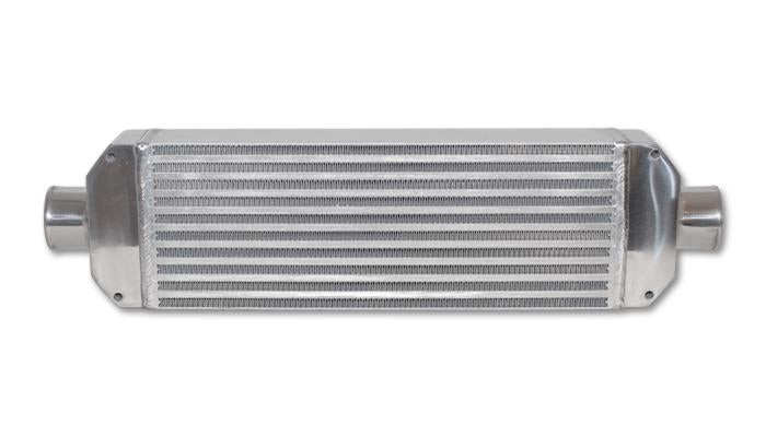 Vibrant Air-to-Air Intercooler assembly with end tanks, showing core size 18x6.5x3.25 inches, inlet and outlet ports.
