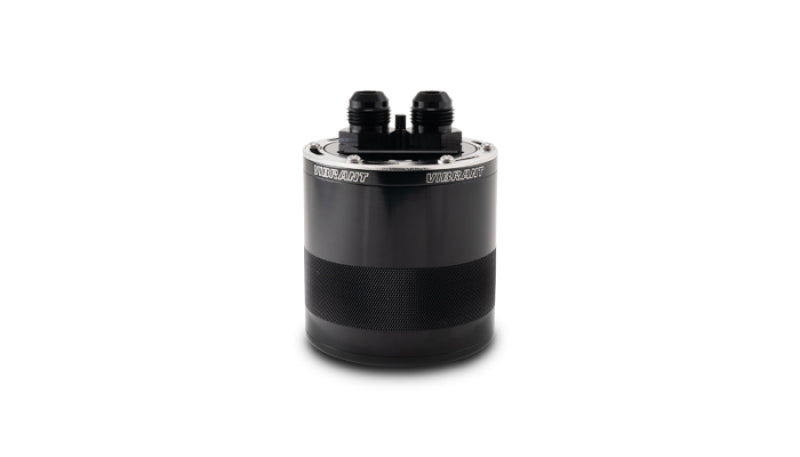 Vibrant small 0.75L 2-port oil catch can assembly with metal fittings and black body, designed for automotive engine ventilation.