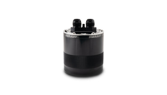 Vibrant small 0.75L 2-port oil catch can assembly with metal fittings and black body, designed for automotive engine ventilation.