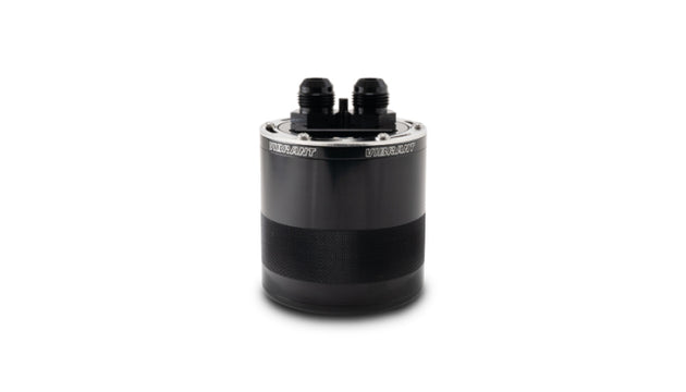 Vibrant small 0.75L 2-port oil catch can assembly with metal fittings and black body, designed for automotive engine ventilation.