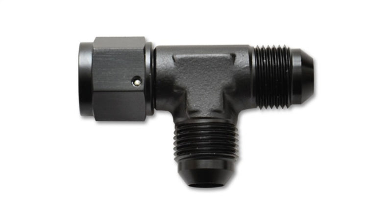 Vibrant -16AN Tee fitting with female swivel, showcasing durable, high-performance aluminum construction for automotive or racing use.