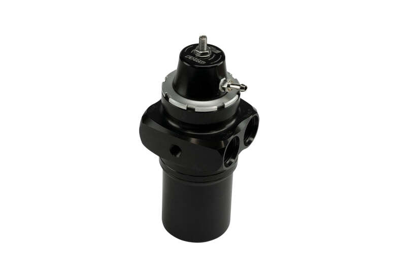 Turbosmart FPRF6 black fuel pressure regulator and filter, automotive engine component, with metal fittings and adjustment knob.