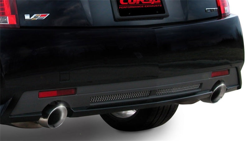 Polished CORSA Performance axle-back exhaust for 2009-2014 Cadillac CTS V V6.2L V8 sedan, showcasing sleek stainless steel finish.