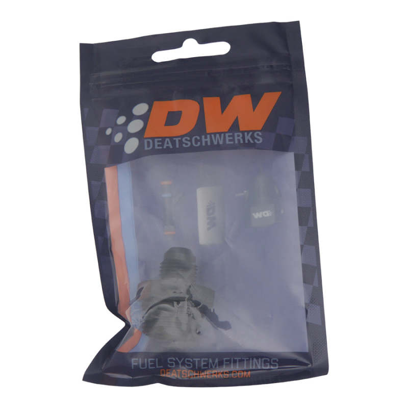 DeatschWerks 10AN ORB male to 6AN male flare adapter fitting with O-ring, matte black anodized finish, suitable for fuel or oil lines.
