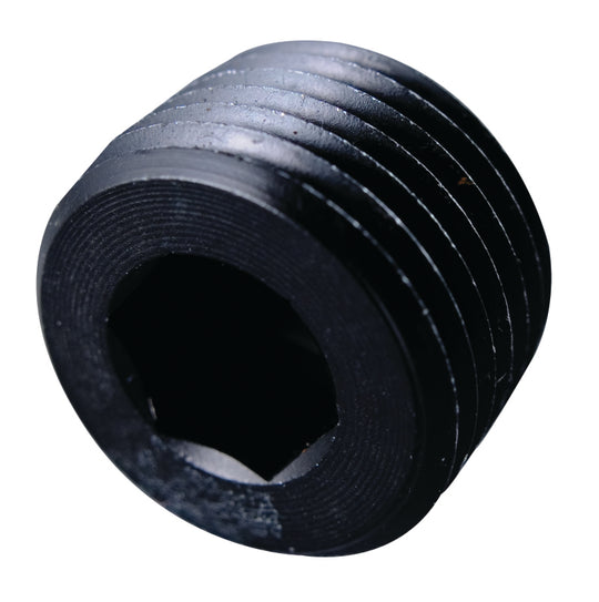 Fragola black 1/2 NPT pipe plug fitting showing threaded internal design for hydraulic or pneumatic connections.