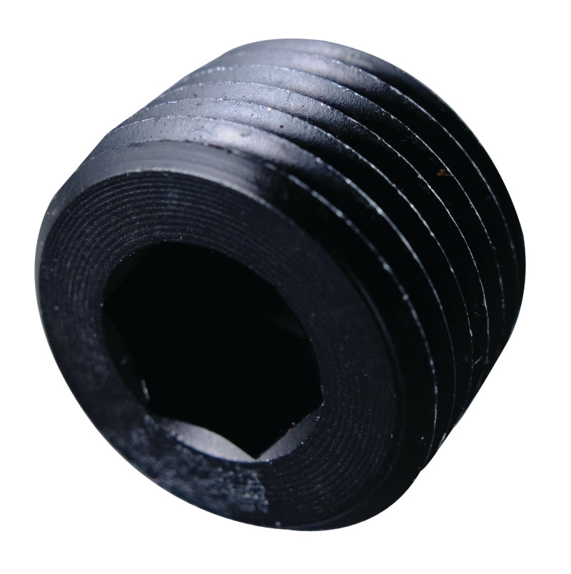 Fragola black 1/2 NPT pipe plug fitting showing threaded internal design for hydraulic or pneumatic connections.
