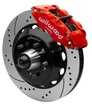 Wilwood Forged Narrow Superlite 6R front big brake kit with 14-inch rotors installed on a 63-87 C10 truck, featuring red calipers.