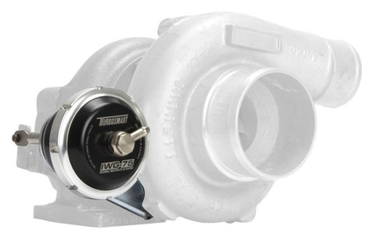 Turbosmart IWG75 GTX28R black internal wastegate actuator with 7 PSI boost setting for turbocharged engines.