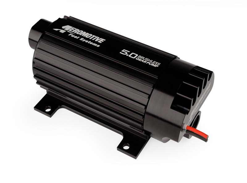 Aeromotive 5.0 Brushless Spur Gear External Fuel Pump in-line with 5 GPM flow rate, compact design, and durable construction.