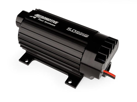 Aeromotive 5.0 Brushless Spur Gear External Fuel Pump in-line with 5 GPM flow rate, compact design, and durable construction.
