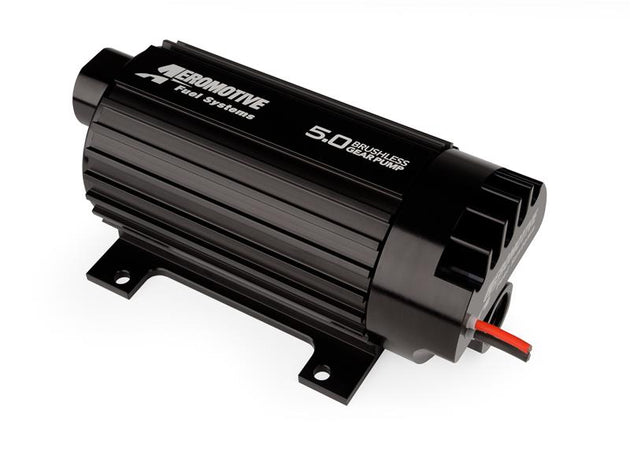 Aeromotive 5.0 Brushless Spur Gear External Fuel Pump in-line with 5 GPM flow rate, compact design, and durable construction.