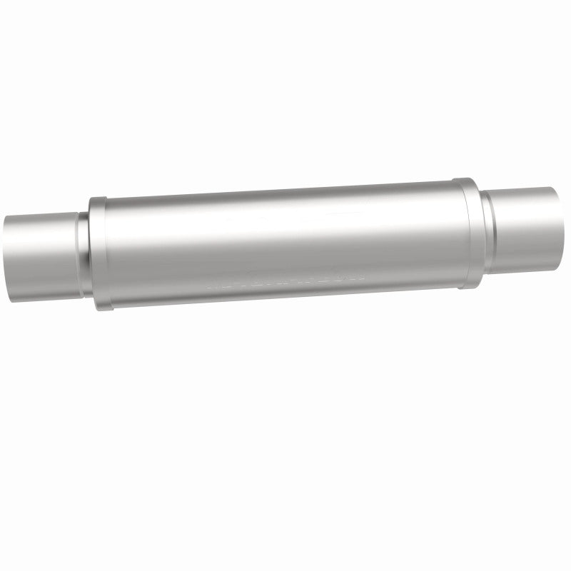 MagnaFlow Mag SS 4x4x14 muffler installed on a vehicle, showcasing its stainless steel construction and compact design.