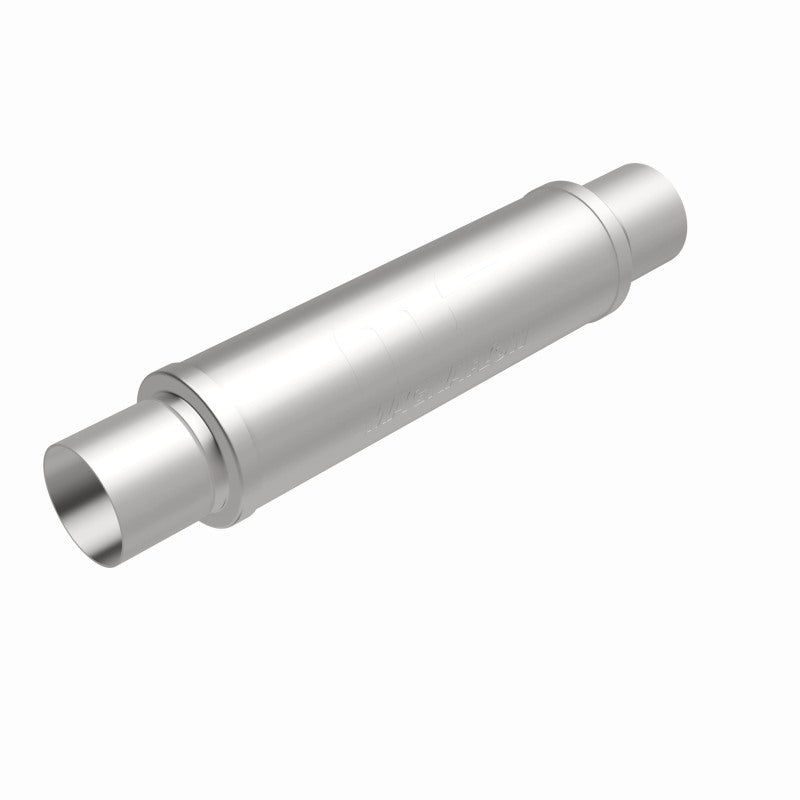 MagnaFlow Mag SS 4X4X14 3 muffler for trucks, showing the stainless steel construction and inlet and outlet pipes.