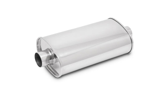 Vibrant 2-inch in/out stainless steel streetpower oval muffler with polished finish for enhanced exhaust sound and style.