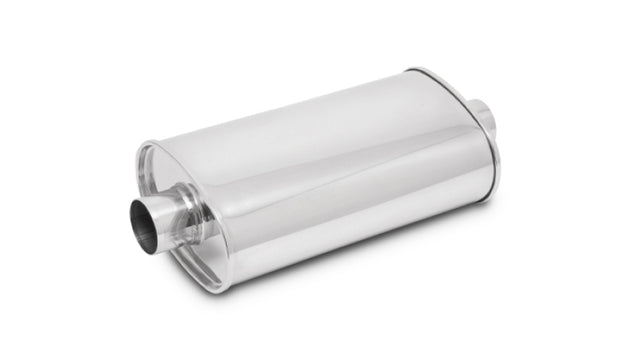 Vibrant 2-inch in/out stainless steel streetpower oval muffler with polished finish for enhanced exhaust sound and style.