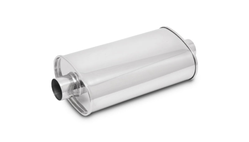 Vibrant StreetPower Oval Muffler, 5x9x15 inches, long body with 4-inch inlet and outlet, automotive exhaust component.