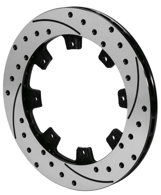 Wilwood UltraLite brake rotor, 12.19 inch diameter, iron, left-hand, black drilled 2-piece rotor with 8 on 7 inch bolt pattern
