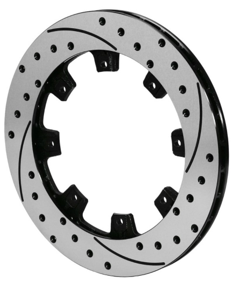 Wilwood UltraLite brake rotor, 12.19 inch diameter, iron, left-hand, black drilled 2-piece rotor with 8 on 7 inch bolt pattern