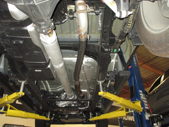 aFe stainless steel muffler delete pipe for 2020-2021 GM trucks V8 6.2L catback exhaust system, shown installed on vehicle.